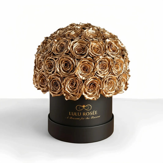 LULU ROSÉE superdome box gold roses black box on white background