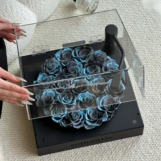 LULU ROSÉE Aqua Blue Preserved Rose Turntable Box, Light Blue Forever Rose in Acrylic Display