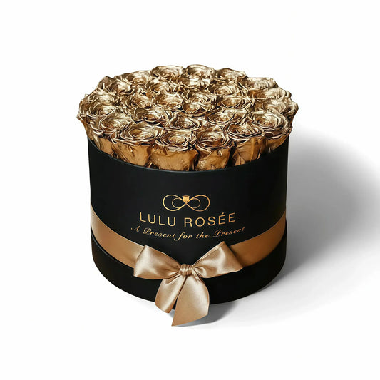 LULU ROSÉE large round box gold roses black classic box on white background
