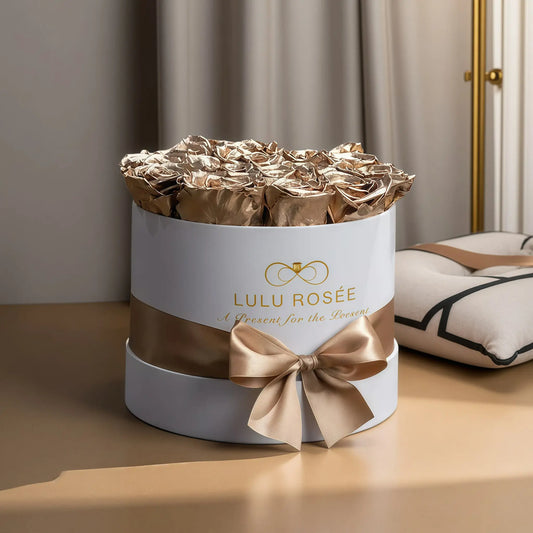 LULU ROSÉE medium round box gold roses white classic box on a elegant living room