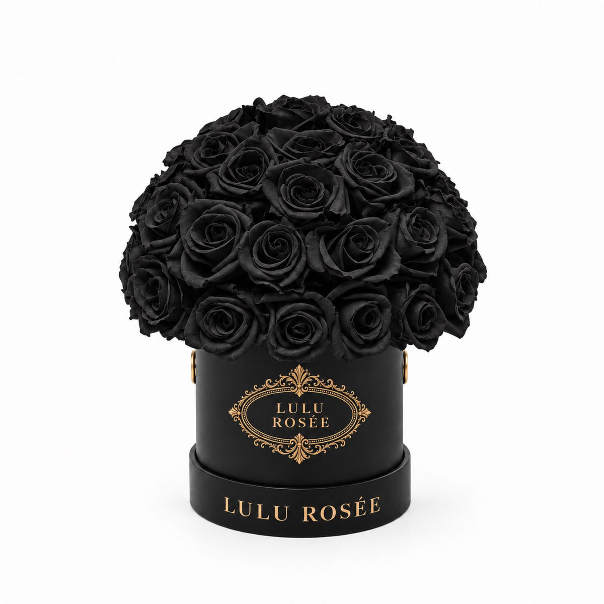 Black eternal roses in a black classic Mini Le Plein box on a white background.