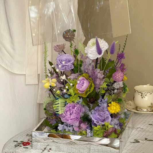 LULU ROSÉE Monet's Garden Acrylic Box in Soft Natural Light, Lush Purple and Green Preserved Flowers