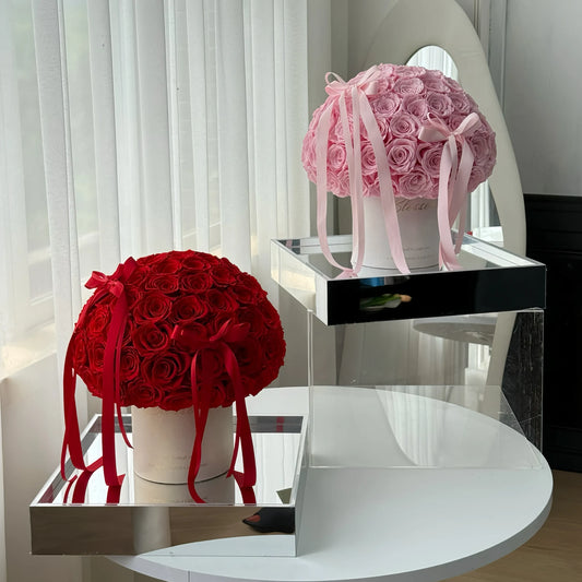 LULU ROSÉE Red & Pink Forever Rose Bucket Duo Display, Dual-Color Preserved Rose Hug Buckets on Mirror Base