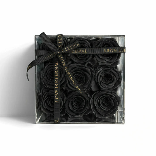 LULU ROSÉE small square box Stardust black roses on white background