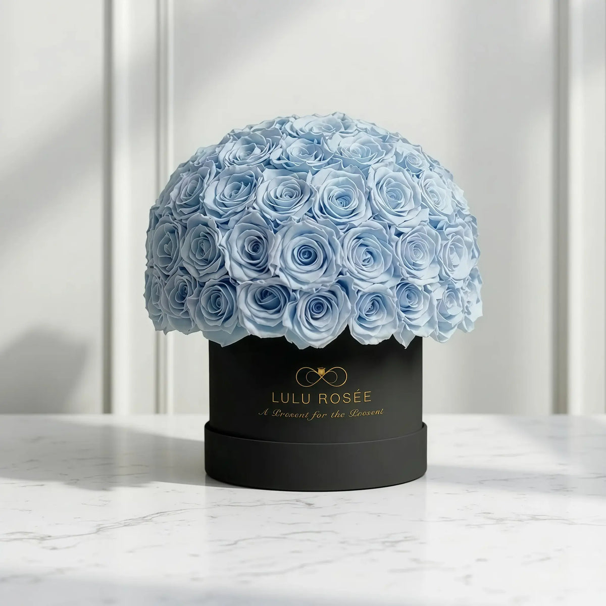 LULU ROSÉE superdome box baby blue roses black box in a modern living room