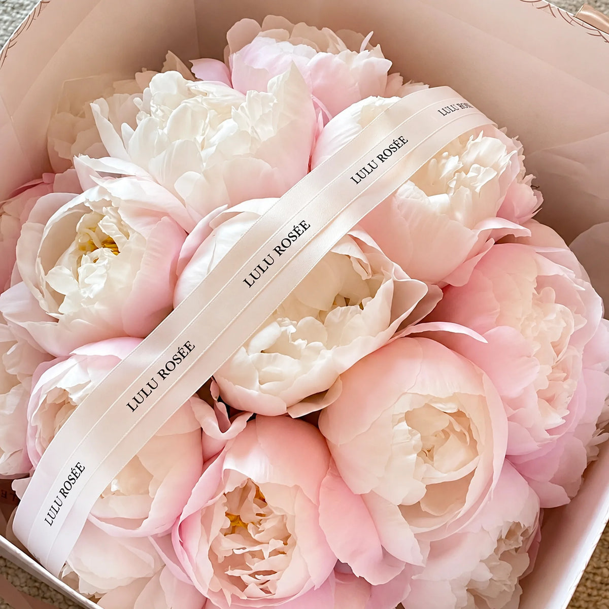 Close view of blush preserved peonies beneath a LULU ROSÉE ribbon