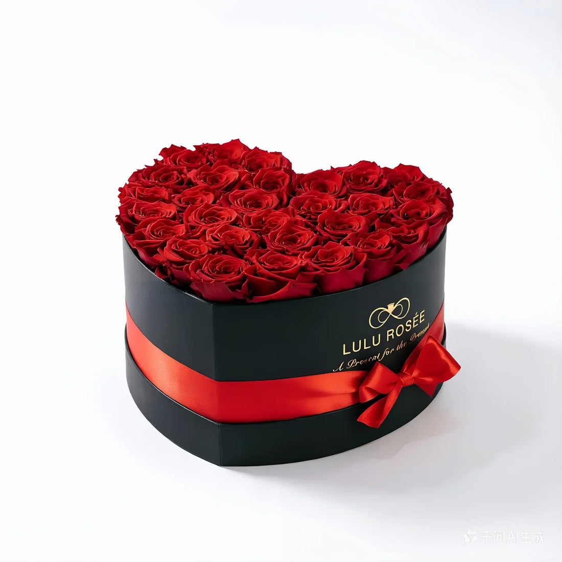 Red preserved roses in a black Large Heart Box.