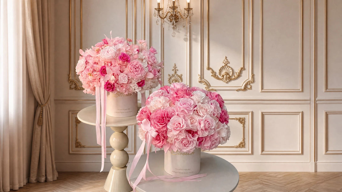 Luxury mixed pink preserved rose and peony flower box on French living room coffee table, long-lasting everlasting preserved floral home decor by LULU ROSÉE