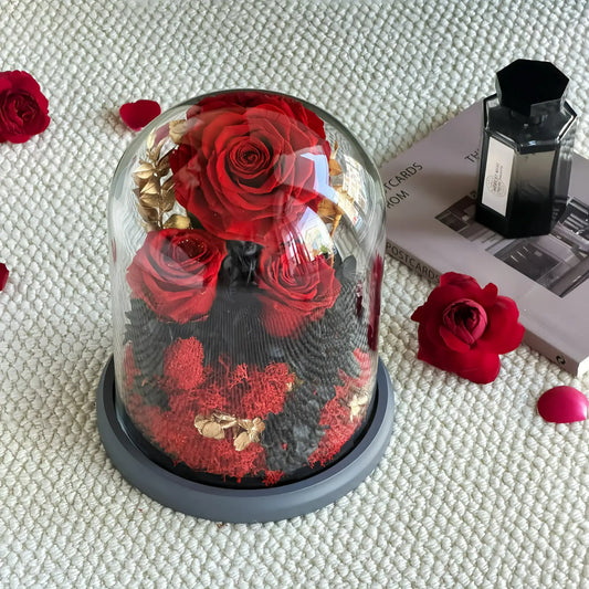 LULU ROSÉE Red Preserved Rose Glass Dome Top View, Black Moss and Gold Leaves Everlasting Flower Arrangement