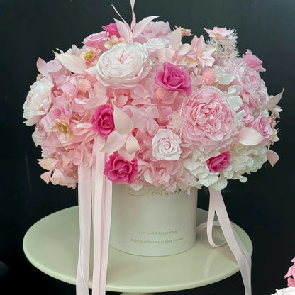 LULU ROSÉE Close-Up of Blush Hydrangea Rose Garden Bucket, Pink Preserved Rose & Hydrangea with Ribbon Bow