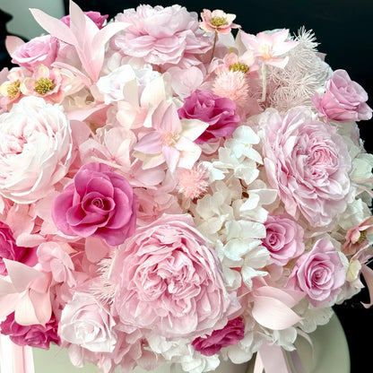 LULU ROSÉE Blush Hydrangea Rose Garden Bucket Top View, Lush Pink Preserved Rose & Hydrangea Bouquet