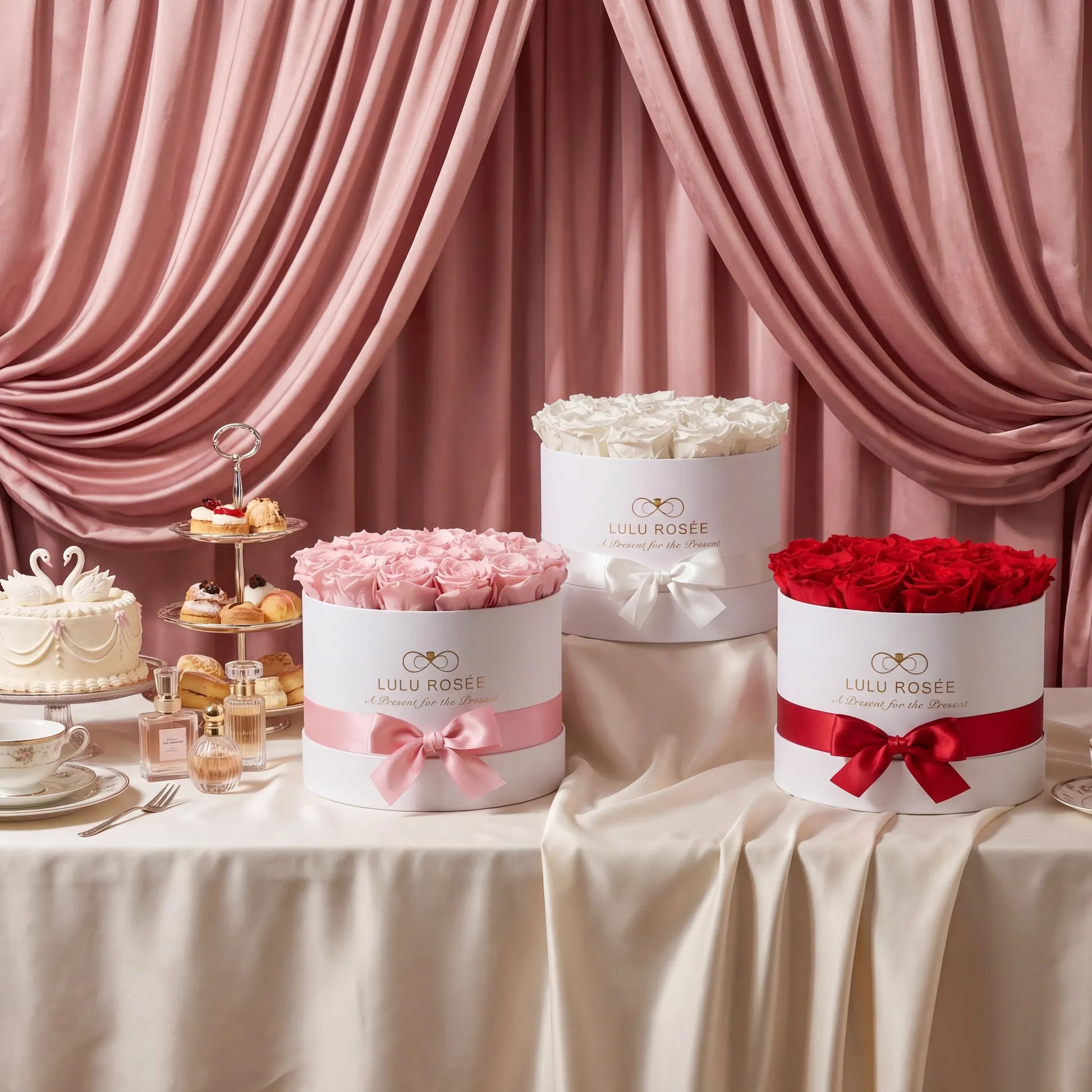 Three round boxes with flowers and bows on a table with pink curtains in the background