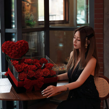 LULU ROSÉE Eternal Rose Garden 19 Roses and Heart Bouquet with Model by Window