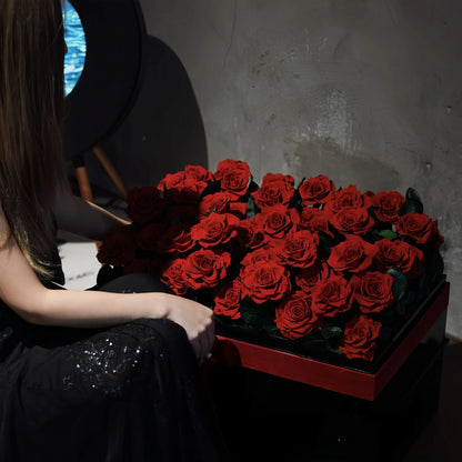 LULU ROSÉE Eternal Rose Garden 52 Red Roses, Preserved Flower Box with Model in Black Dress
