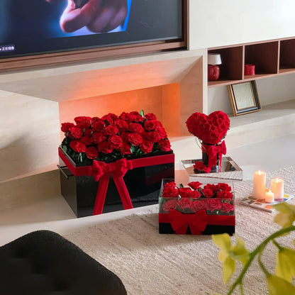 LULU ROSÉE Eternal Rose Garden Collection in Living Room, 52 Roses, 19 Roses and Heart Bouquet 2.0 Display