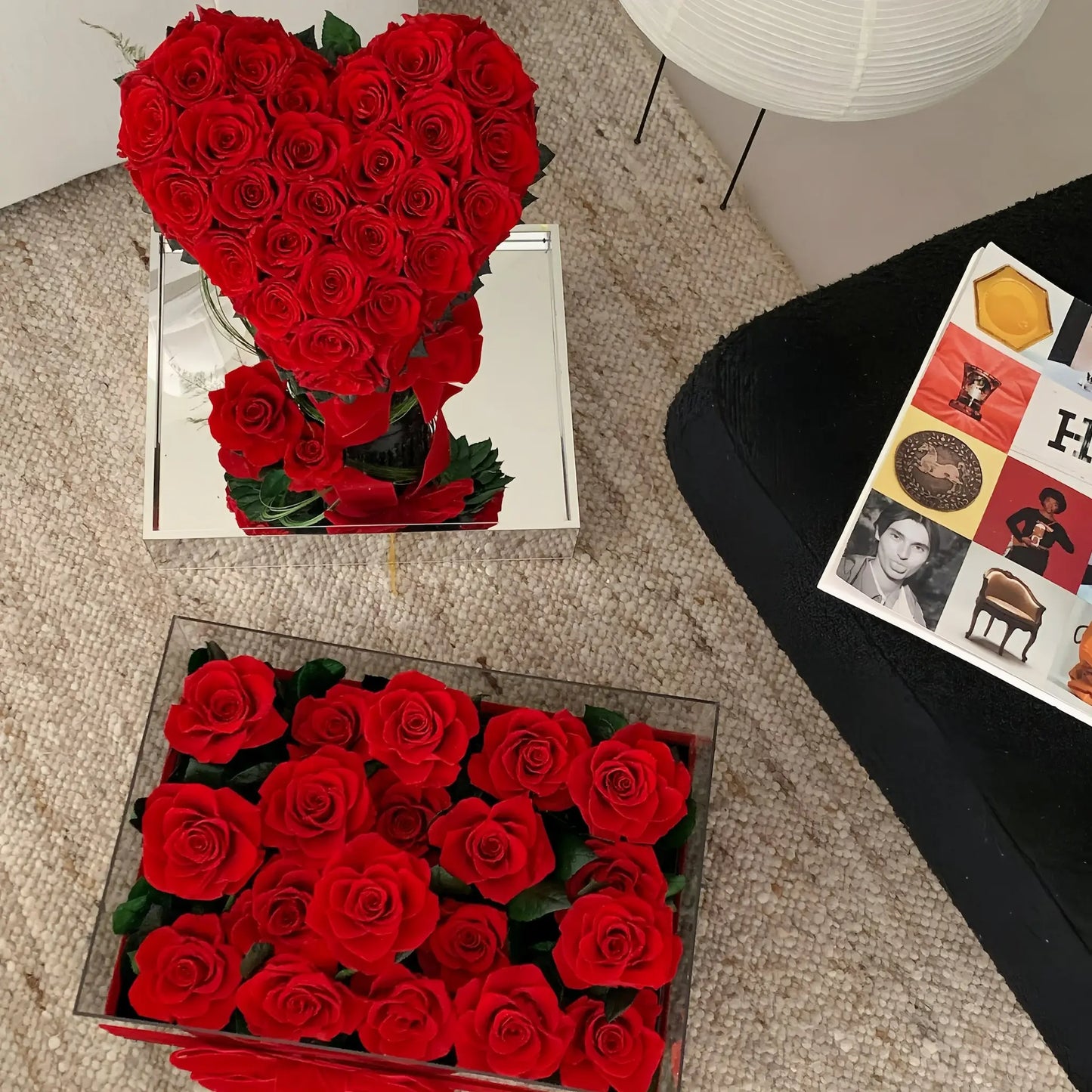 LULU ROSÉE Eternal Rose Garden Heart Bouquet and 19 Red Roses Displayed from Above