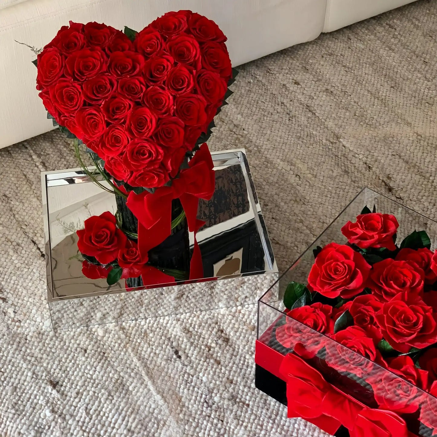 LULU ROSÉE Eternal Rose Garden Heart Bouquet and 19 Red Roses Arrangement from Angled View