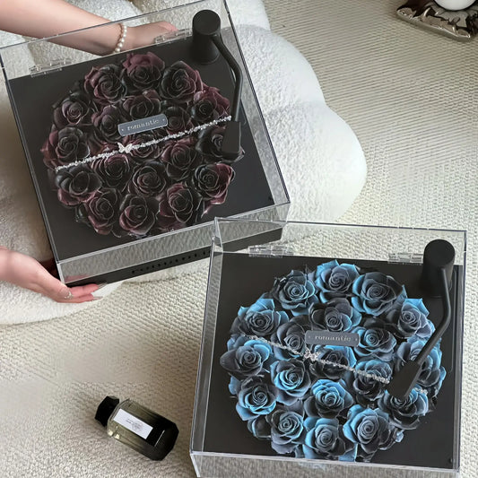LULU ROSÉE Vintage Noir & Aqua Blue Forever Rose Turntable Box, Dual Color Preserved Floral Display