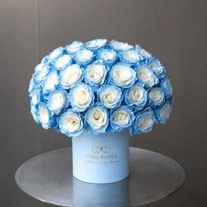 LULU ROSÉE Grande Superdome Ice Blue Gradient Preserved Rose Box, abundant dome arrangement of gradient ice blue preserved roses, long-lasting luxury floral decor and gift