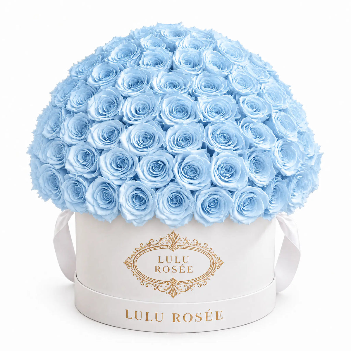 Baby blue preserved roses in a white LULU ROSÉE Large Le Plein box on a white background.