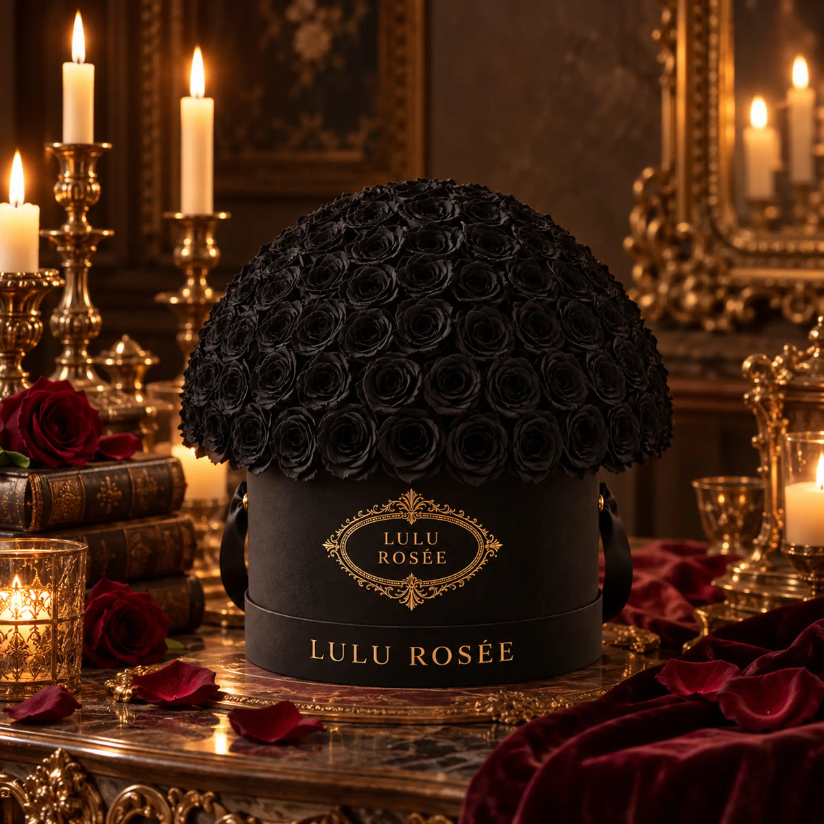Black preserved roses in a black LULU ROSÉE Large Le Plein box in a candlelit setting.