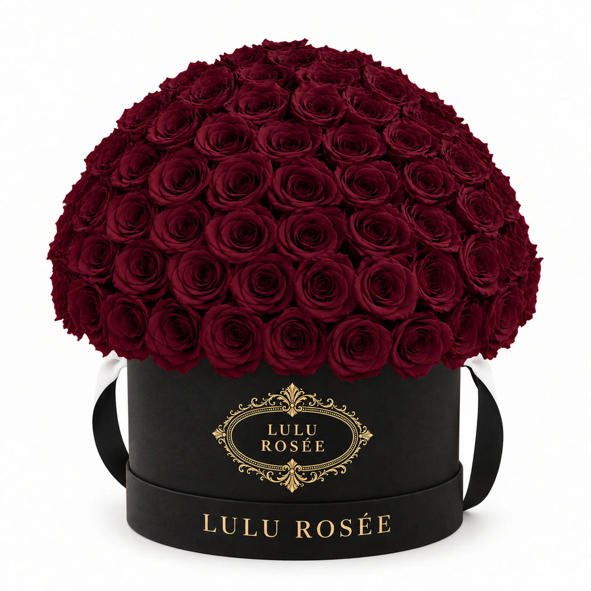 Burgundy preserved roses in a black LULU ROSÉE Large Le Plein box on a white background.