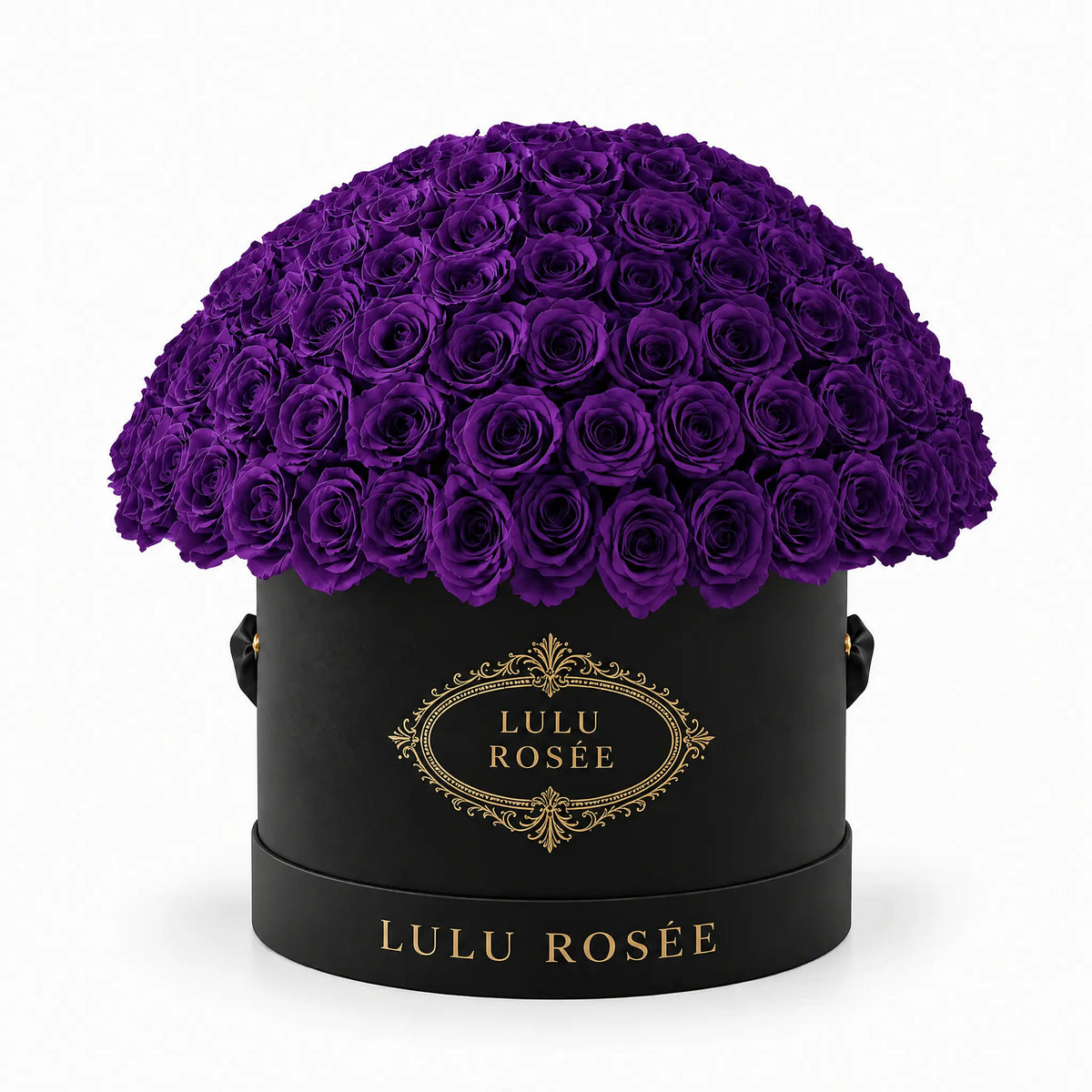 Purple preserved roses in a black LULU ROSÉE Large Le Plein box on a white background.