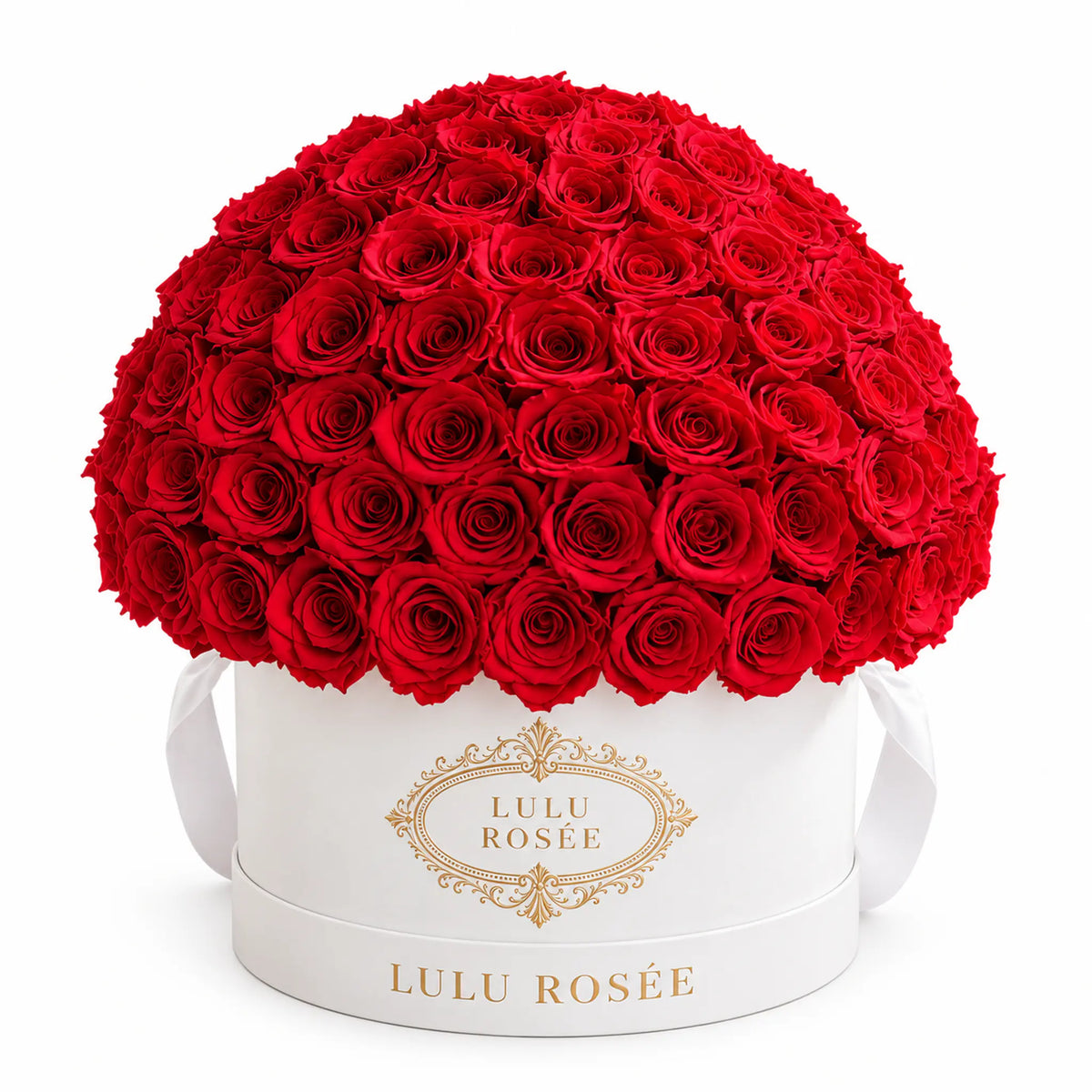 Red preserved roses forming a dome in a white LULU ROSÉE Large Le Plein box.