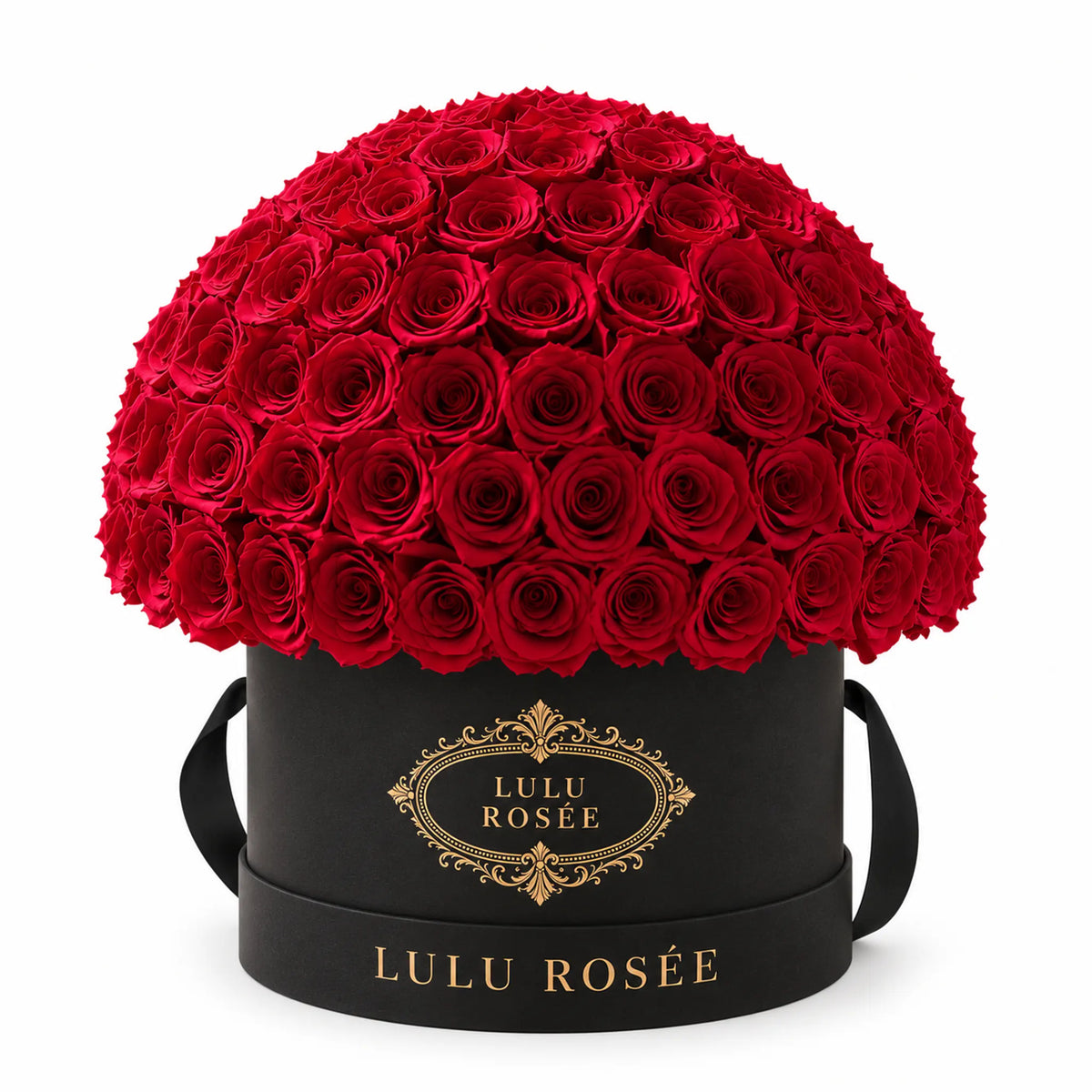 Red preserved roses in a black LULU ROSÉE Large Le Plein box, front view.