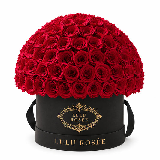 Red preserved roses in a black LULU ROSÉE Large Le Plein box, front view.