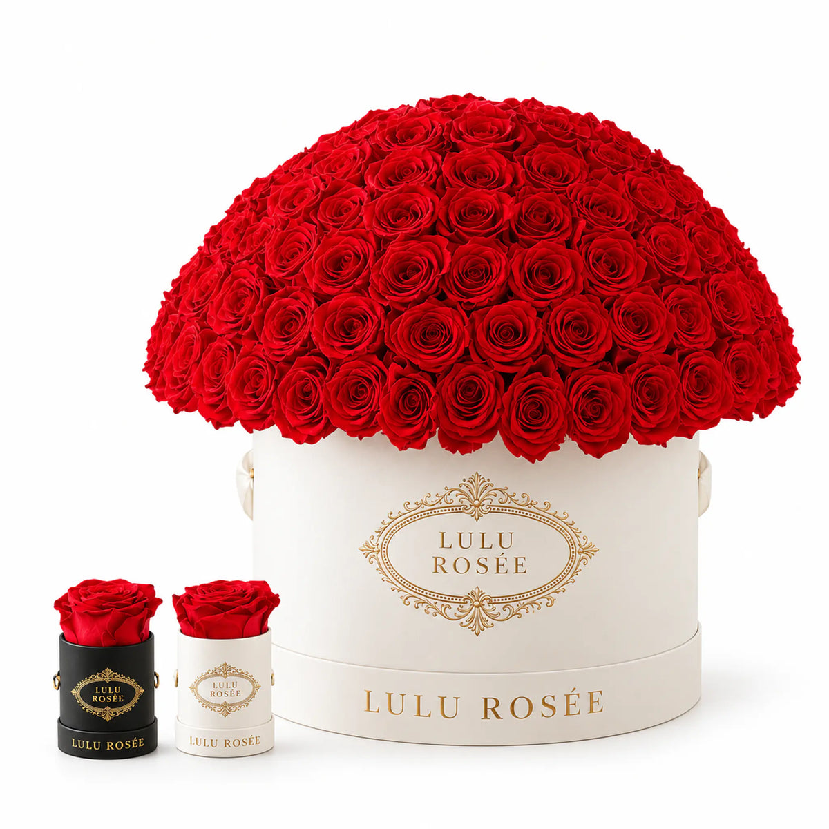 Red preserved roses in a white LULU ROSÉE Large Le Plein box with small gift boxes.