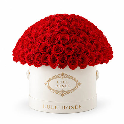 Red preserved roses in a white LULU ROSÉE Large Le Plein box on a white background.