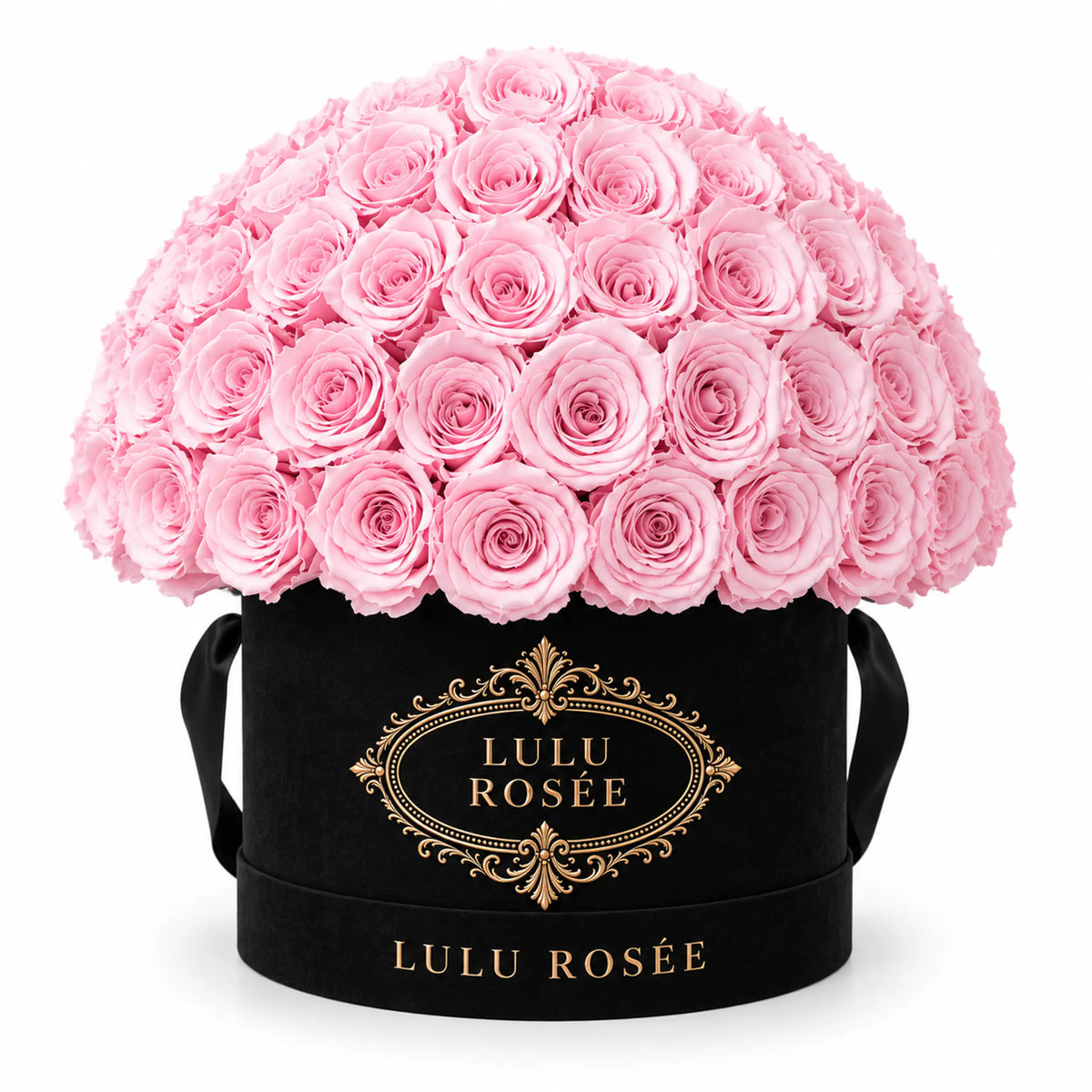 Sweet pink preserved roses in a black suede LULU ROSÉE Large Le Plein box on a white background.