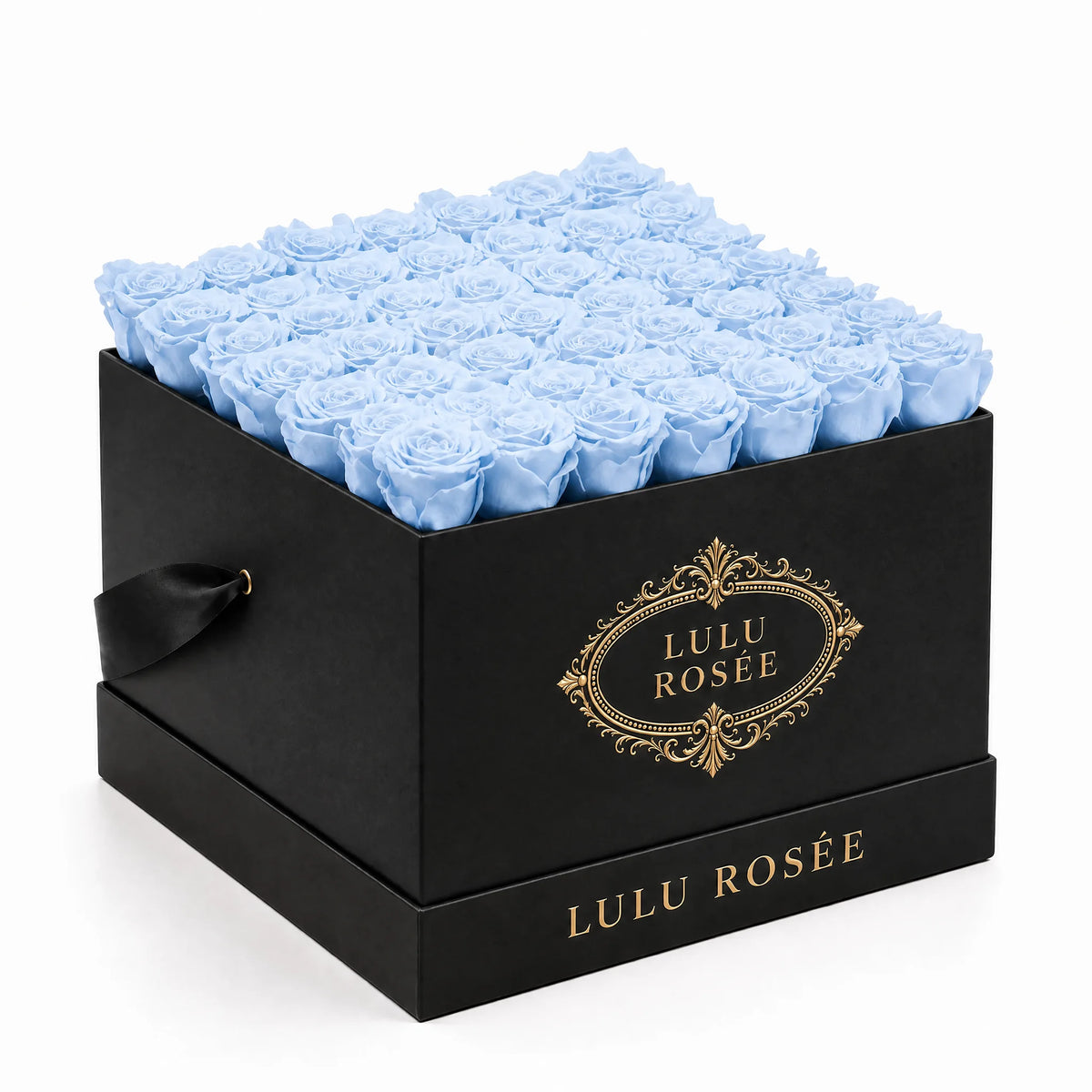 Baby blue preserved roses in a black classic LULU ROSÉE large square box on a white background.