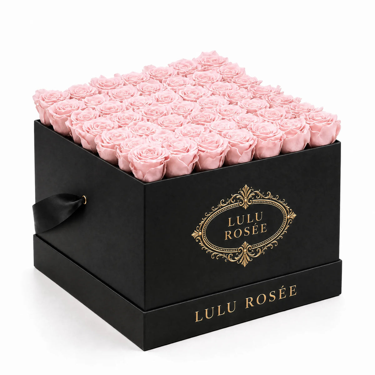 Light pink preserved roses in a black classic LULU ROSÉE large square box on a white background.