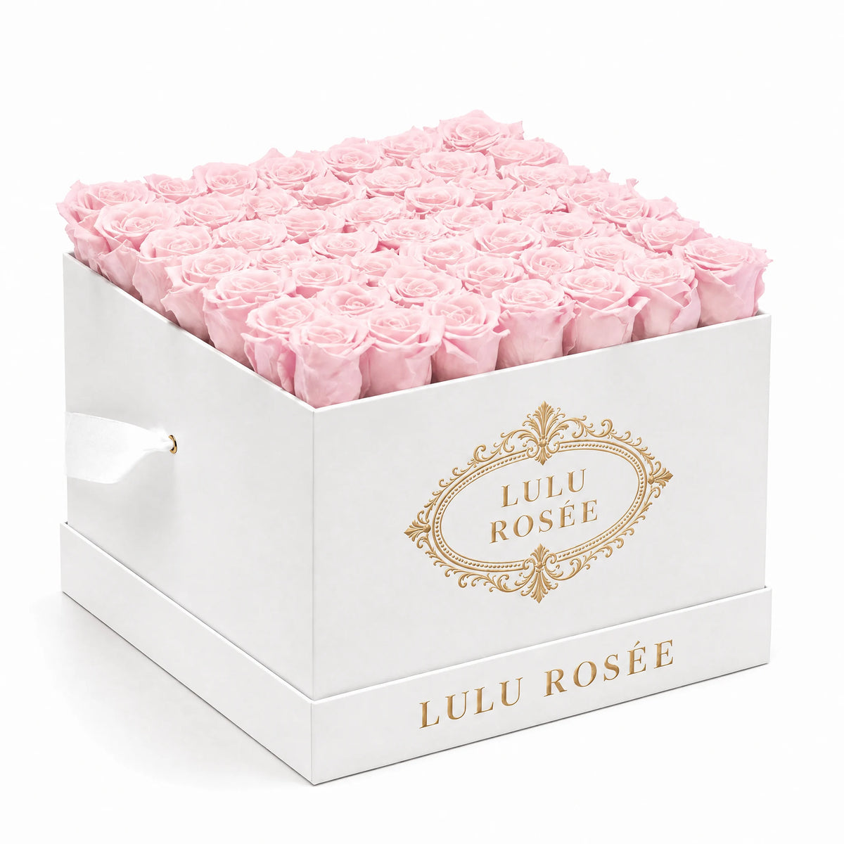 Light pink preserved roses fill a white classic LULU ROSÉE large square box on a white background.