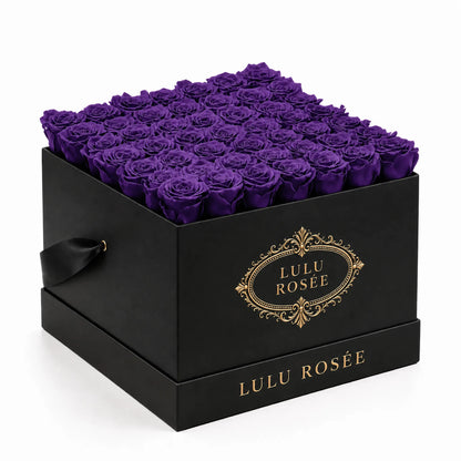 Purple preserved roses arranged in a black classic LULU ROSÉE large square box on a white background.