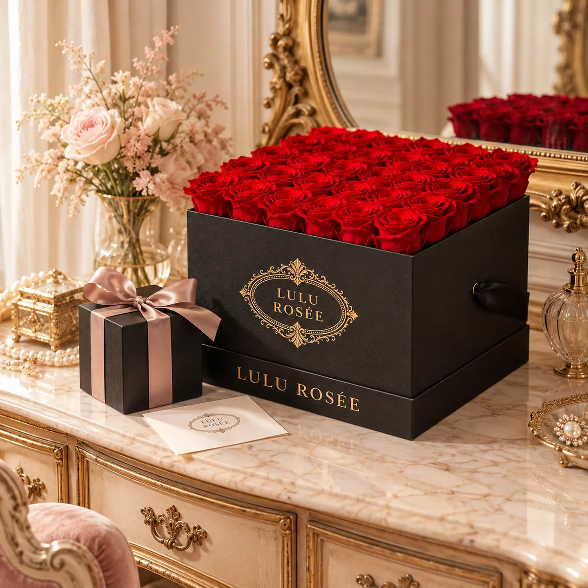 A black classic LULU ROSÉE large square box filled with red preserved roses on a decorated vanity.