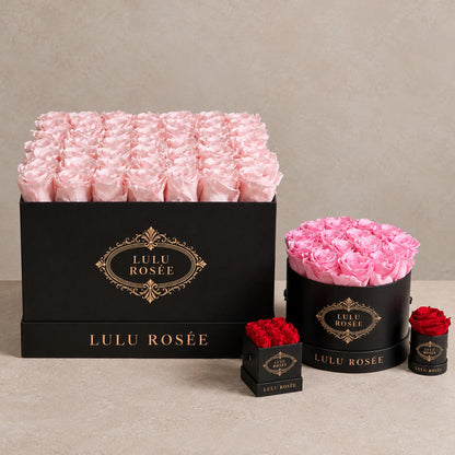 Red preserved roses in a LULU ROSÉE square box shown with coordinating rose gift boxes.