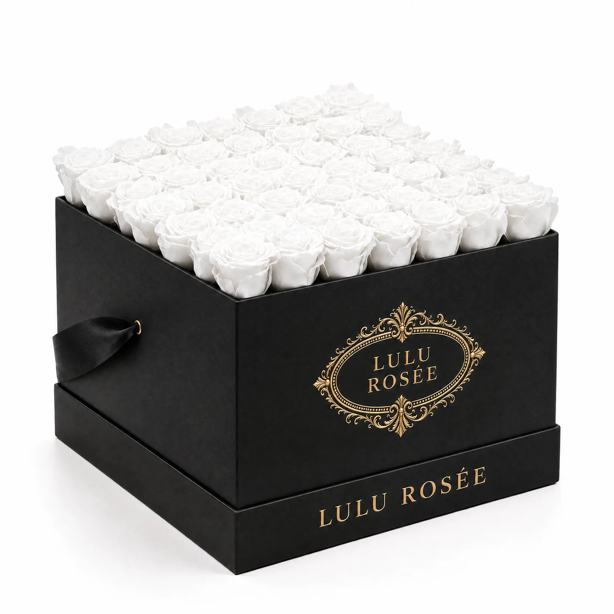 White preserved roses fill a black classic LULU ROSÉE large square box on a white background.
