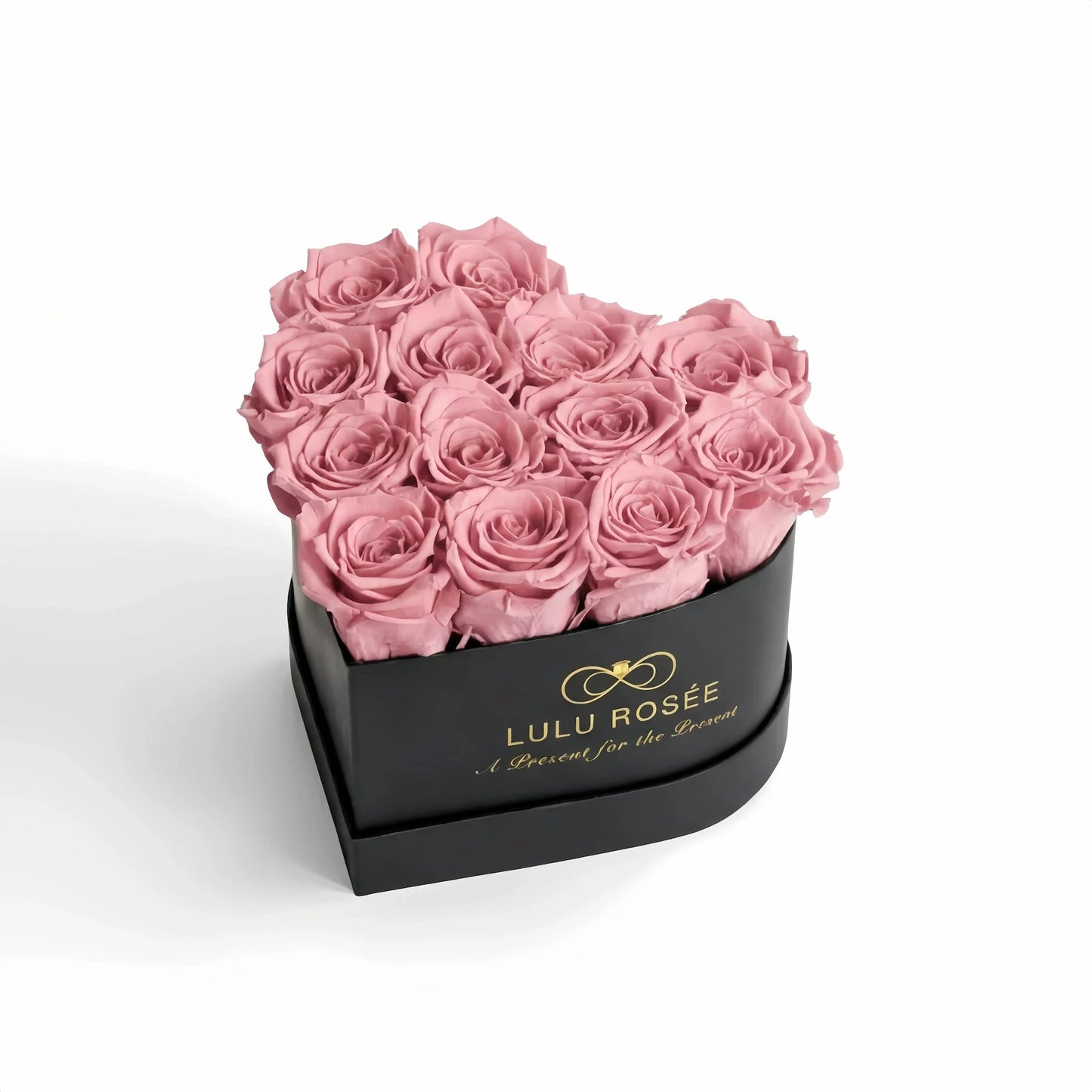 LULU ROSÉE medium heart box blush roses black classic box on white background