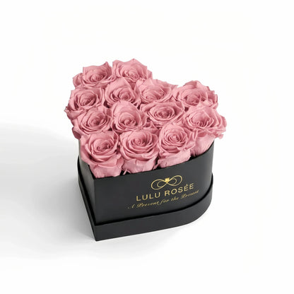 LULU ROSÉE medium heart box blush roses black classic box on white background