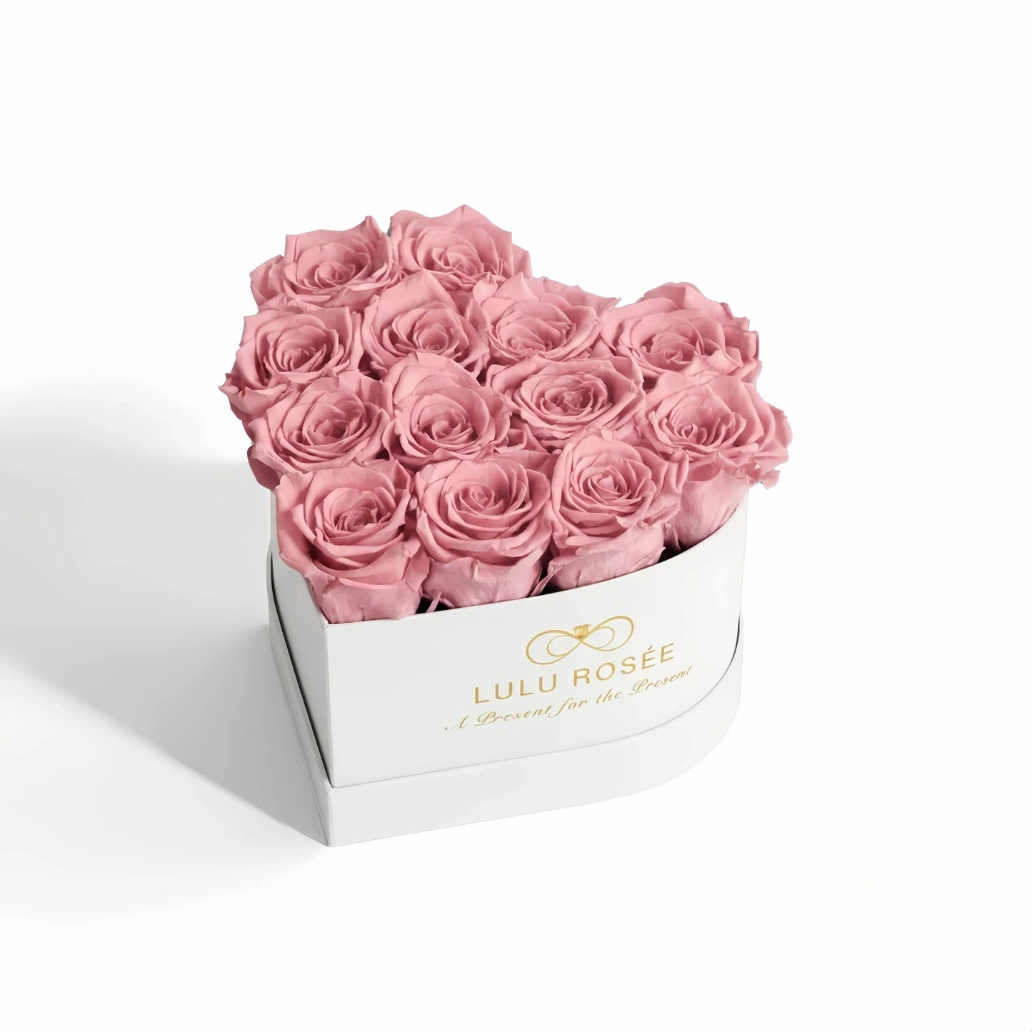 LULU ROSÉE medium heart box blush roses white classic box on white background