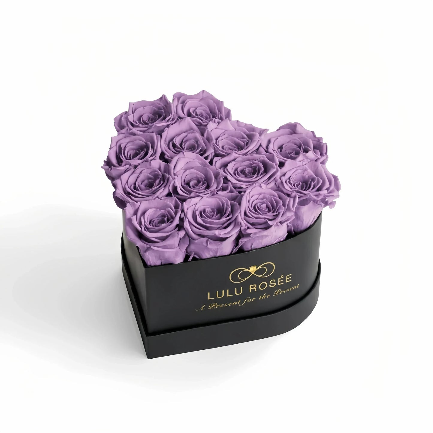 LULU ROSÉE medium heart box lavender roses black classic box on white background