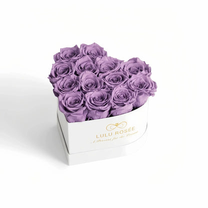 LULU ROSÉE medium heart box lavender roses white classic box on white background
