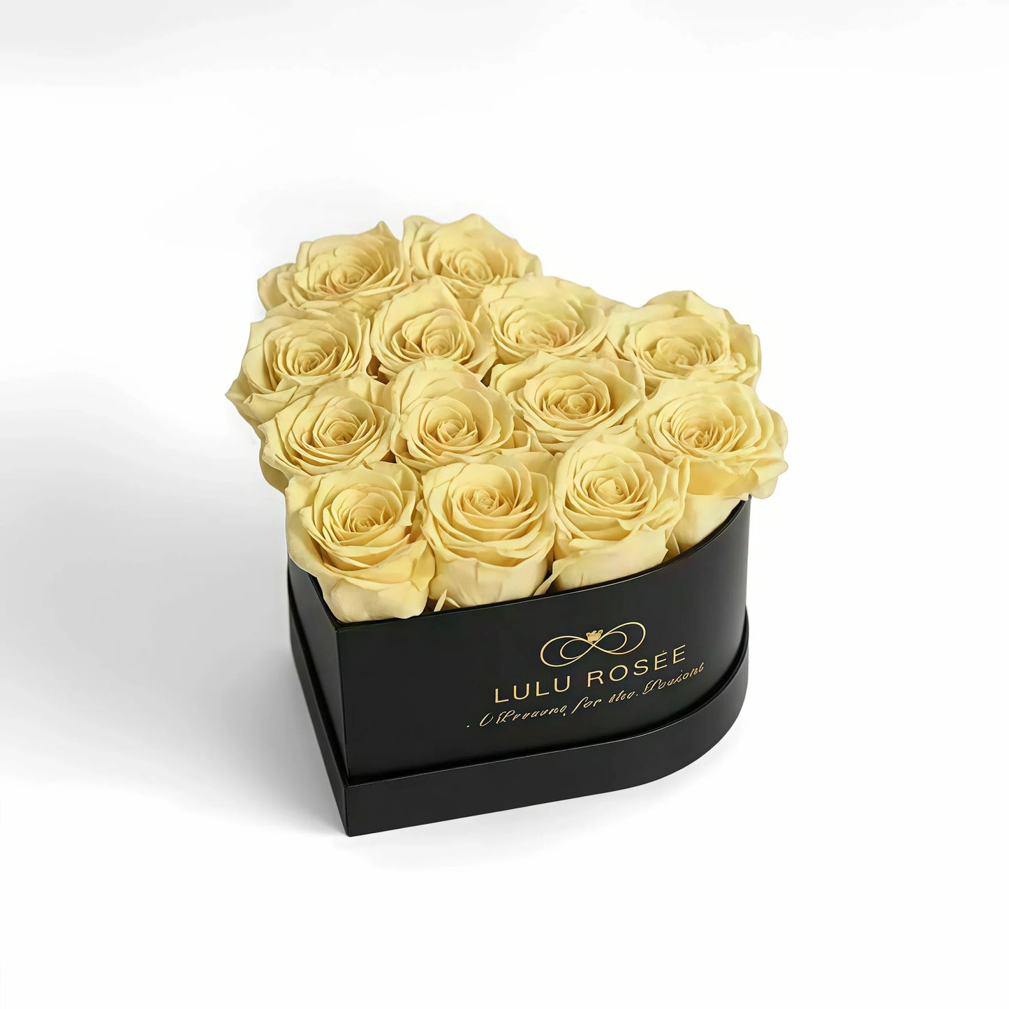 LULU ROSÉE medium heart box light yellow roses black classic box on white background