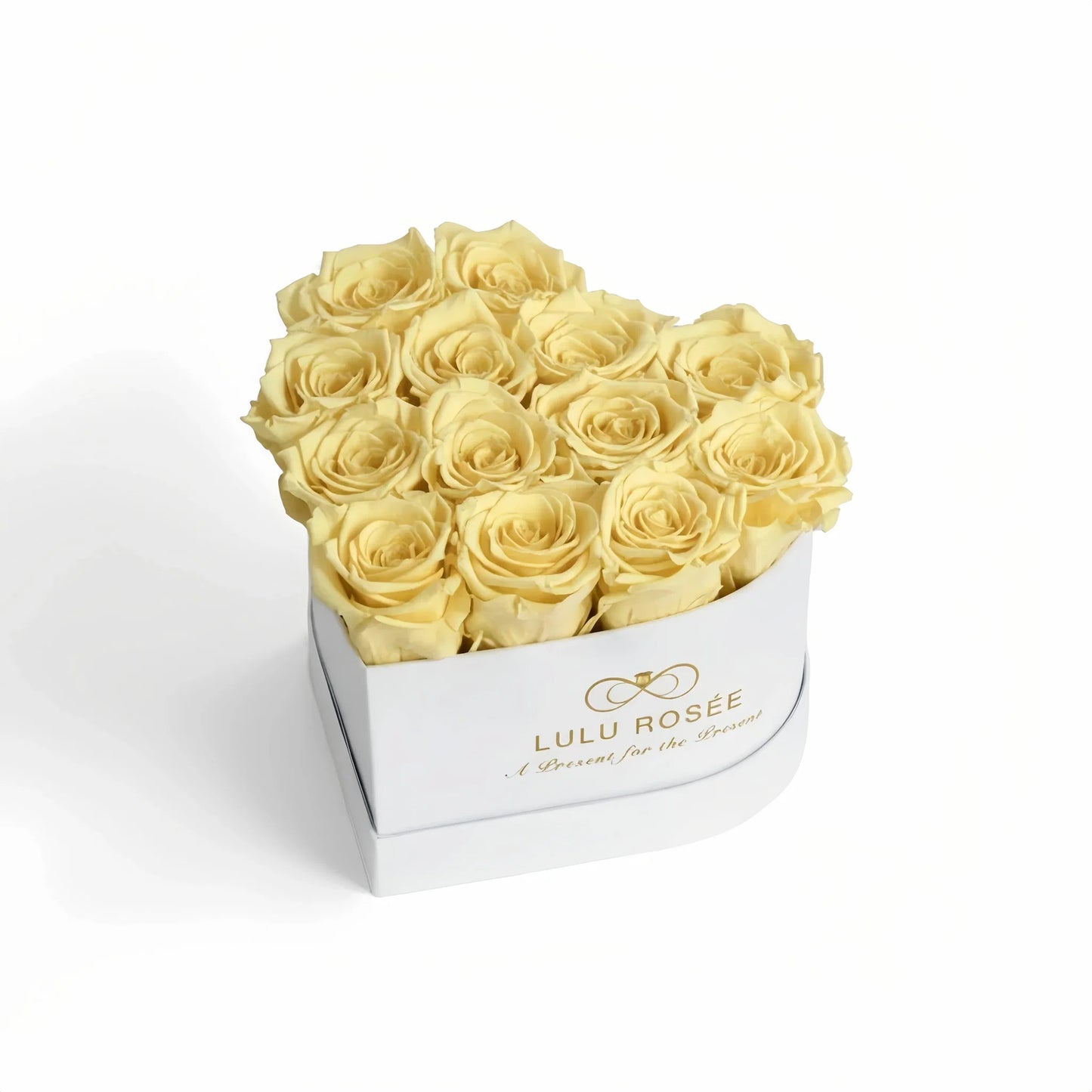 LULU ROSÉE medium heart box light yellow roses white classic box on white background