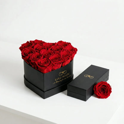 LULU ROSÉE medium heart box red roses black classic box on white back ground