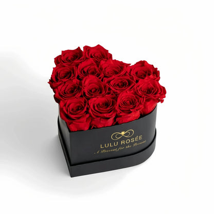 LULU ROSÉE medium heart box red roses black classic box on white background