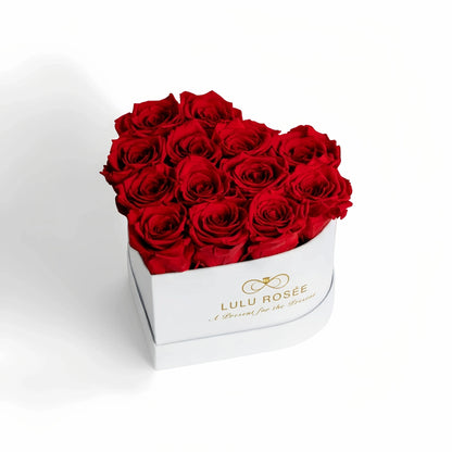 LULU ROSÉE medium heart box red roses white classic box on white background